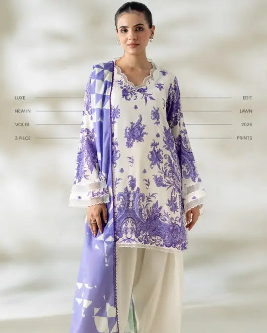 3 Piece Gull Jee Unstitched Printed Lawn Suit – Off White Color