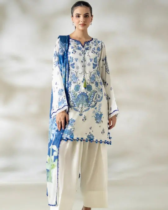 3 Piece Gull Jee Unstitched Printed Lawn Suit – Off White Color