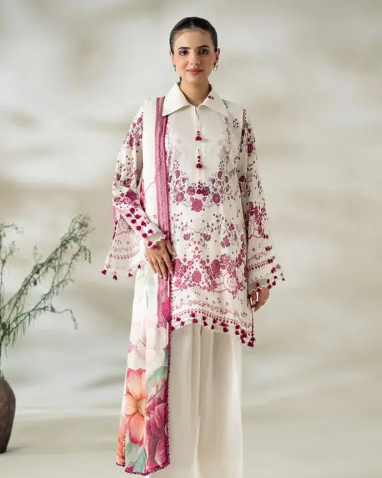 3 Piece Gull Jee Unstitched Printed Lawn Suit – Off White Color