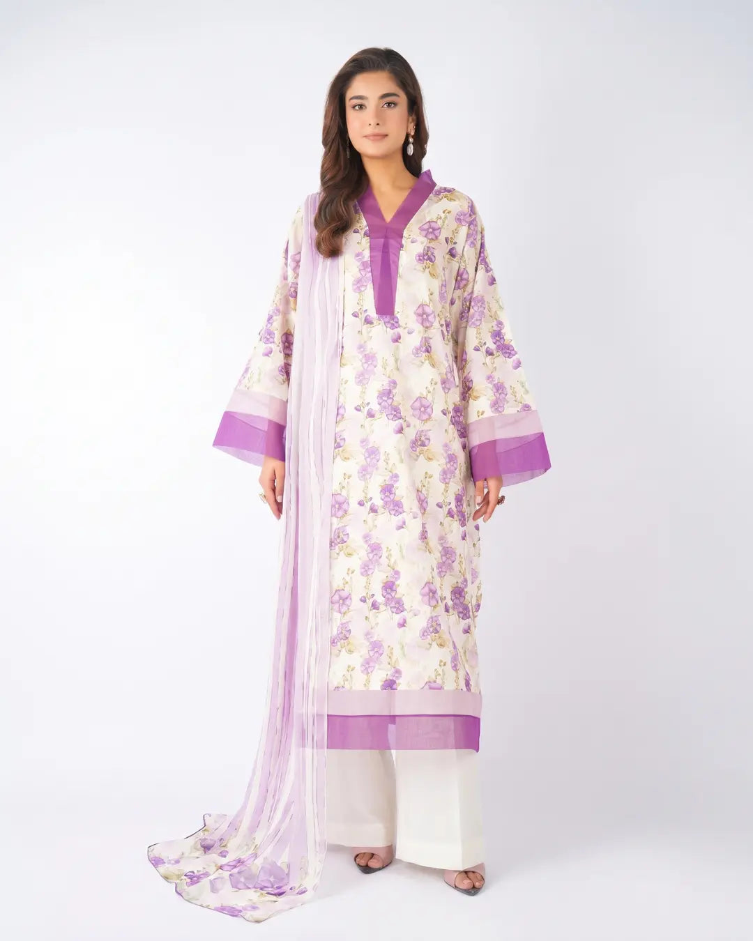 3 Piece Bareeze Unstitched Printed Lawn Suit – Off-White Color