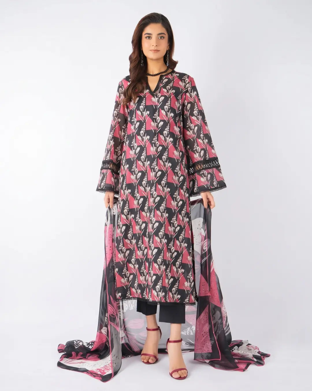 3 Piece Bareeze Unstitched Printed Lawn Suit – Black Color