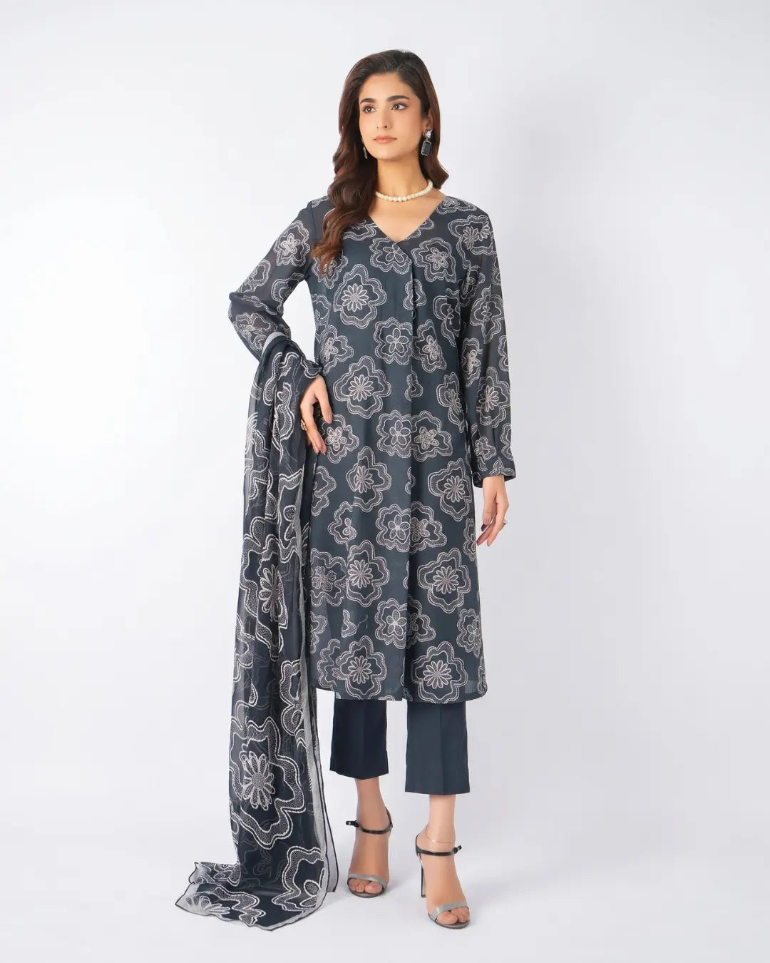 3 Piece Bareeze Unstitched Printed Lawn Suit – Grayish Black Color