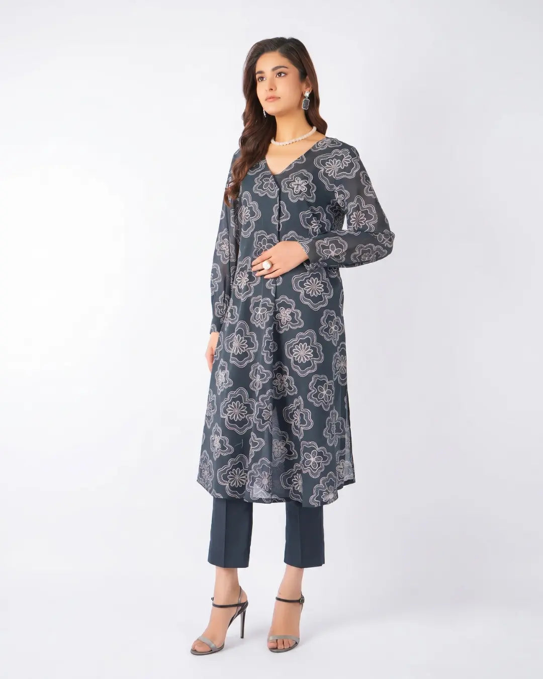 3 Piece Bareeze Unstitched Printed Lawn Suit – Grayish Black Color