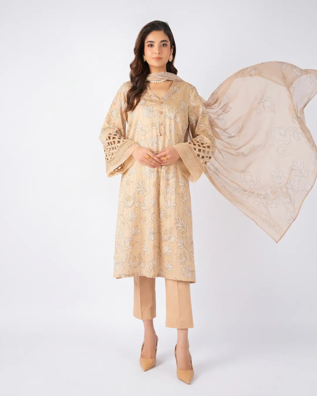 3 Piece Bareeze Unstitched Printed Lawn Suit – Cream Color