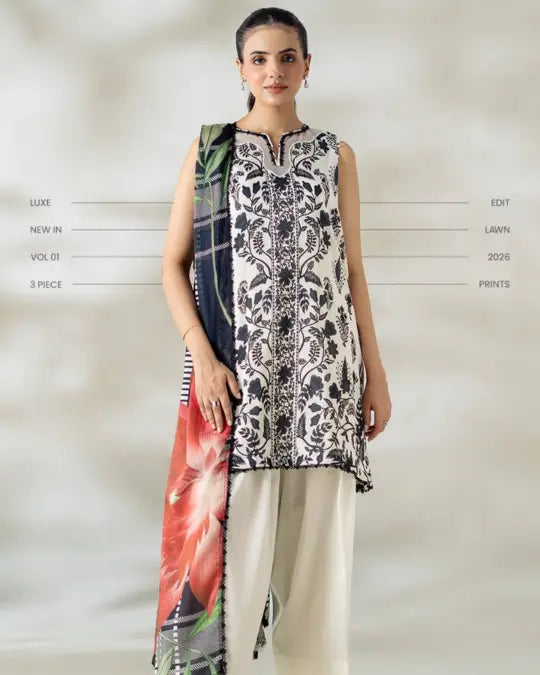 3 Piece Gull Jee Unstitched Printed Lawn Suit – Off White Color