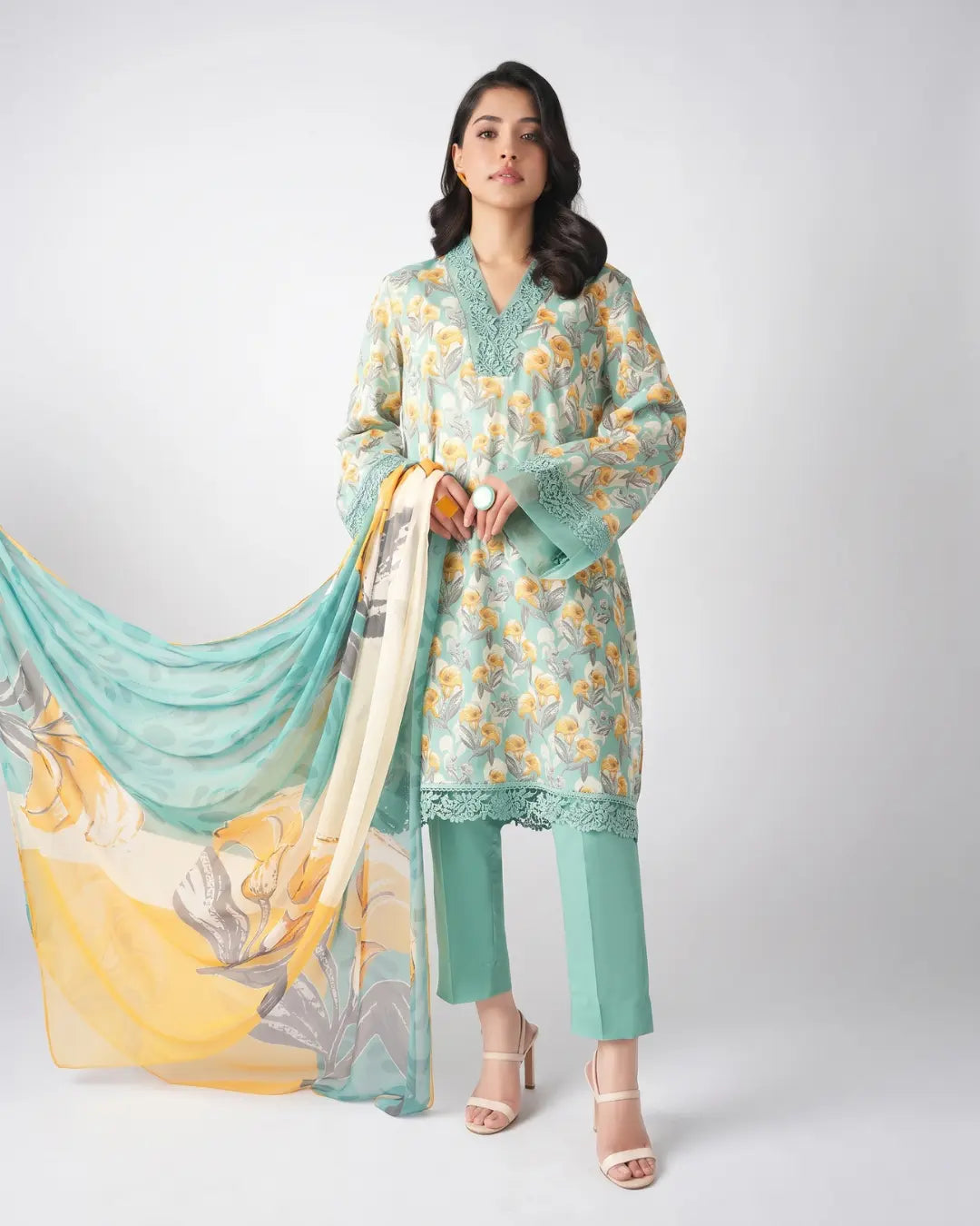 3 Piece Bareeze Unstitched Printed Lawn Suit – Ferozi Color