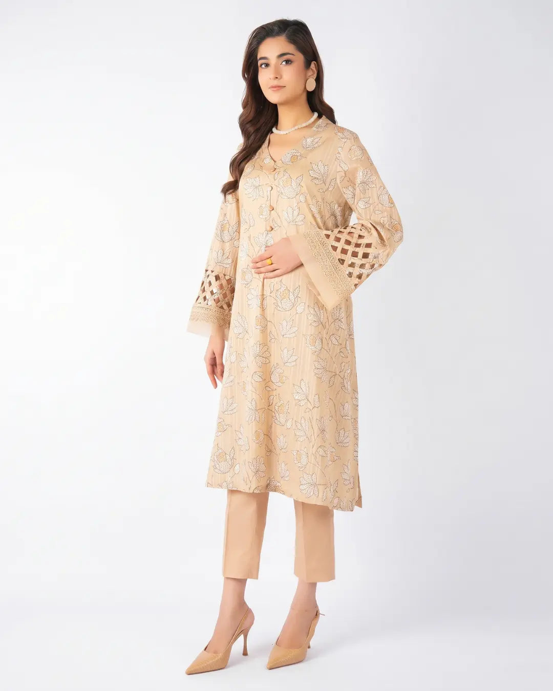 3 Piece Bareeze Unstitched Printed Lawn Suit – Cream Color