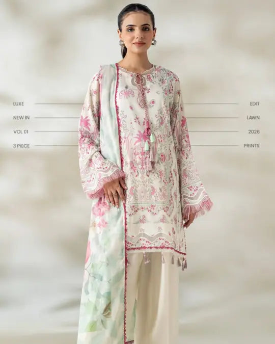 3 Piece Gull Jee Unstitched Printed Lawn Suit – Off White Color