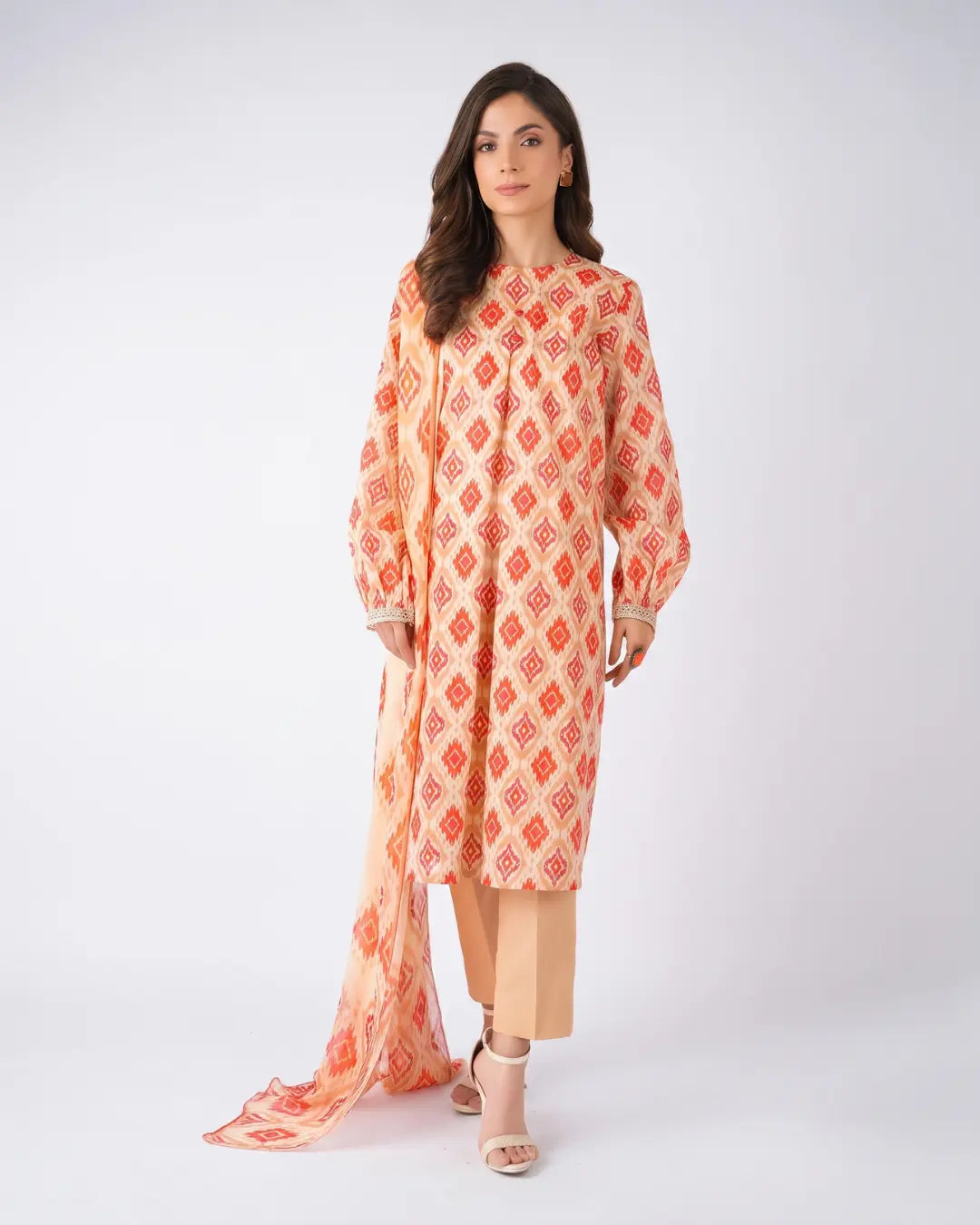 3 Piece Bareeze Unstitched Printed Lawn Suit – Peach Color