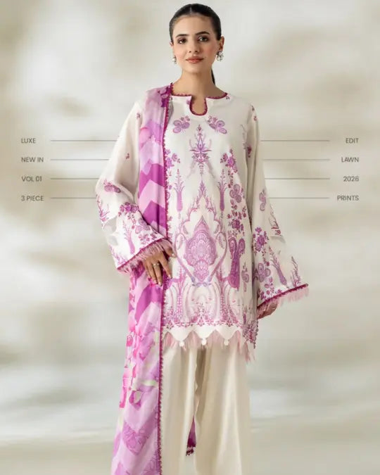 3 Piece Gull Jee Unstitched Printed Lawn Suit – Off White Color