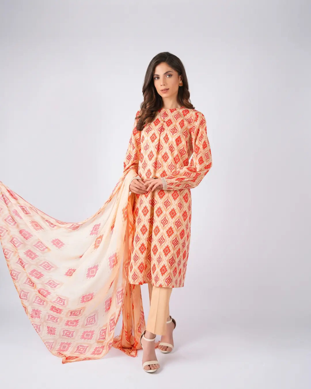 3 Piece Bareeze Unstitched Printed Lawn Suit – Peach Color