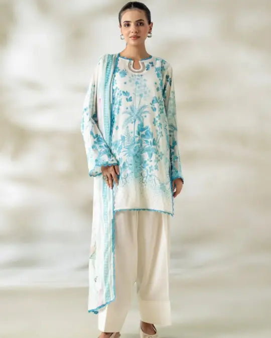 3 Piece Gull Jee Unstitched Printed Lawn Suit – Off White Color
