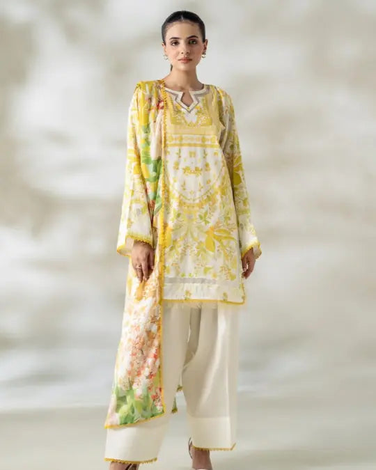 3 Piece Gull Jee Unstitched Printed Lawn Suit – Off White Color
