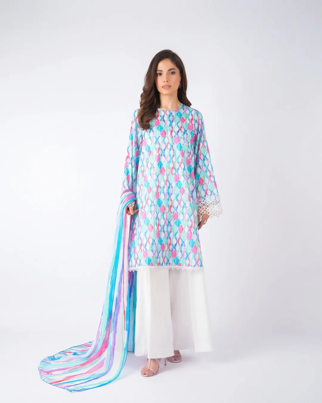3 Piece Bareeze Unstitched Printed Lawn Suit – White Color