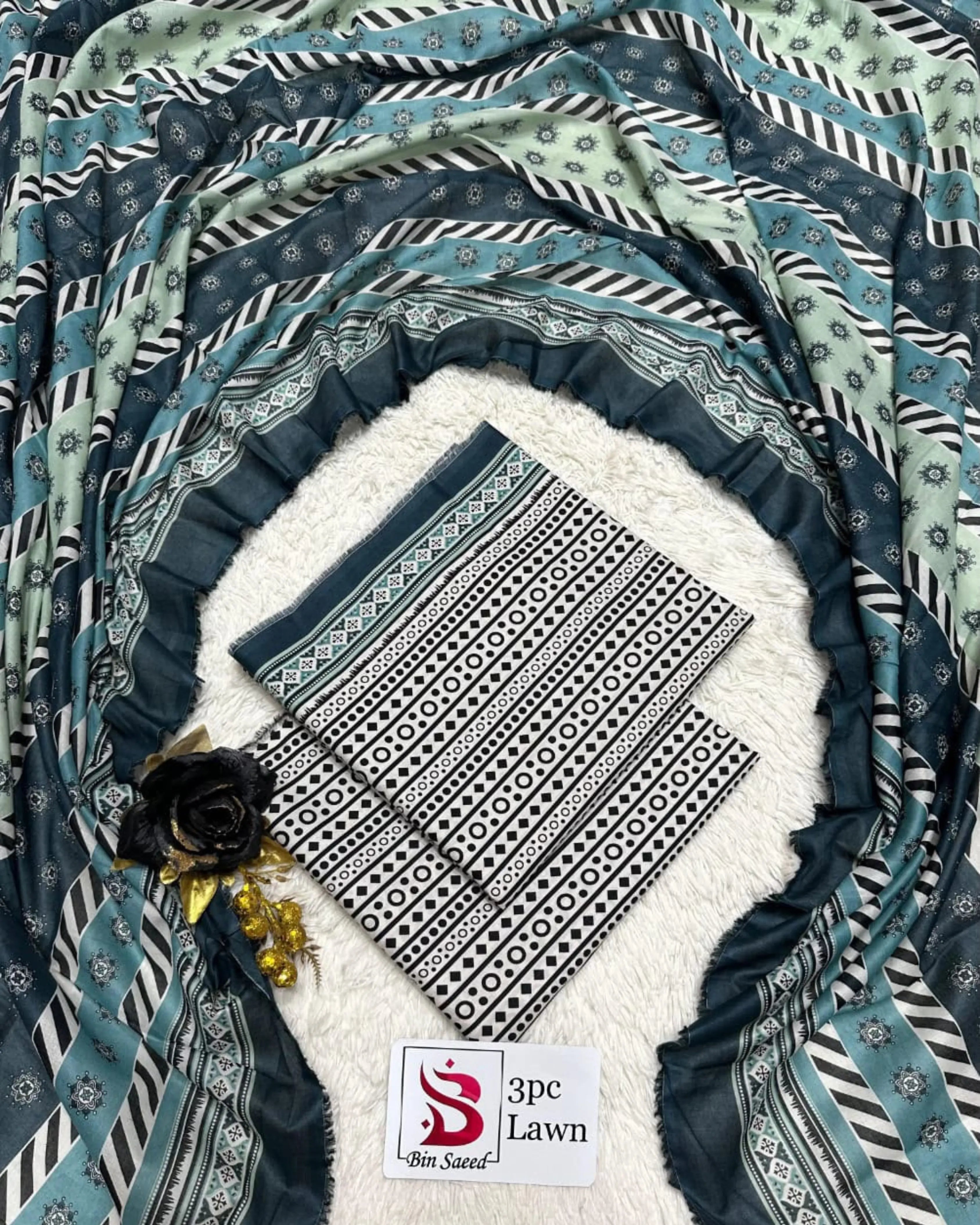 3 Piece Bin Saeed Unstitched Printed Lawn Suit – Black Color