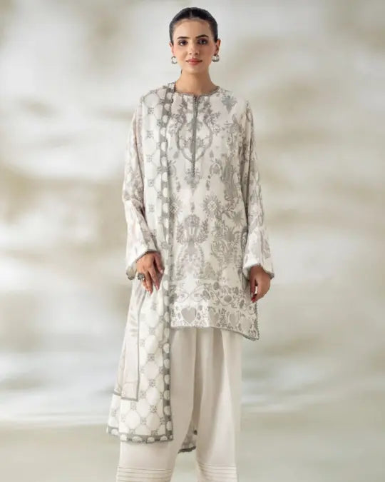3 Piece Gull Jee Unstitched Printed Lawn Suit – Off White Color
