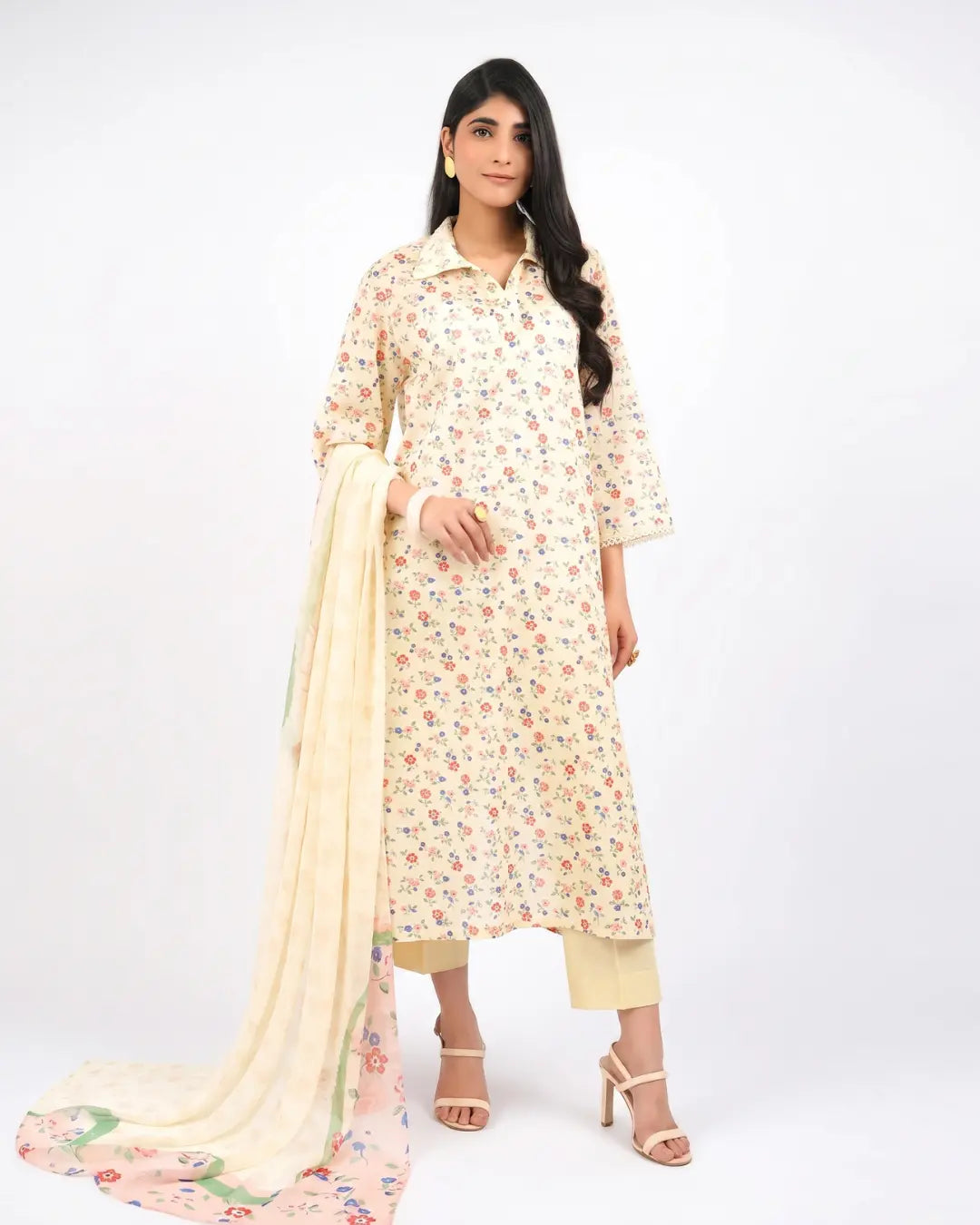 3 Piece Bareeze Unstitched Printed Lawn Suit – Off-white Color