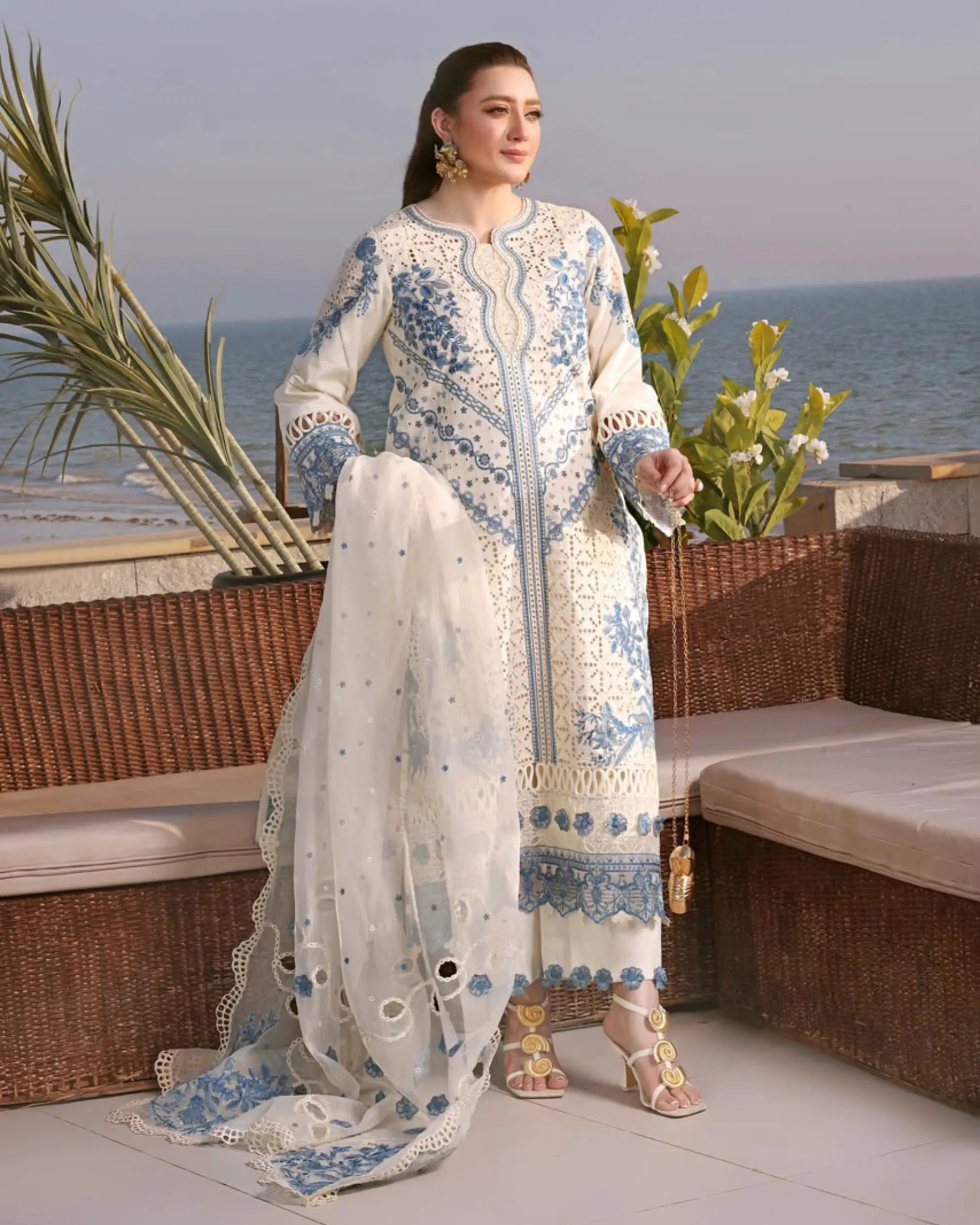 3 Piece Aneelas Brand Unstitched Luxury Embroidered Lawn Suit – Off White Color