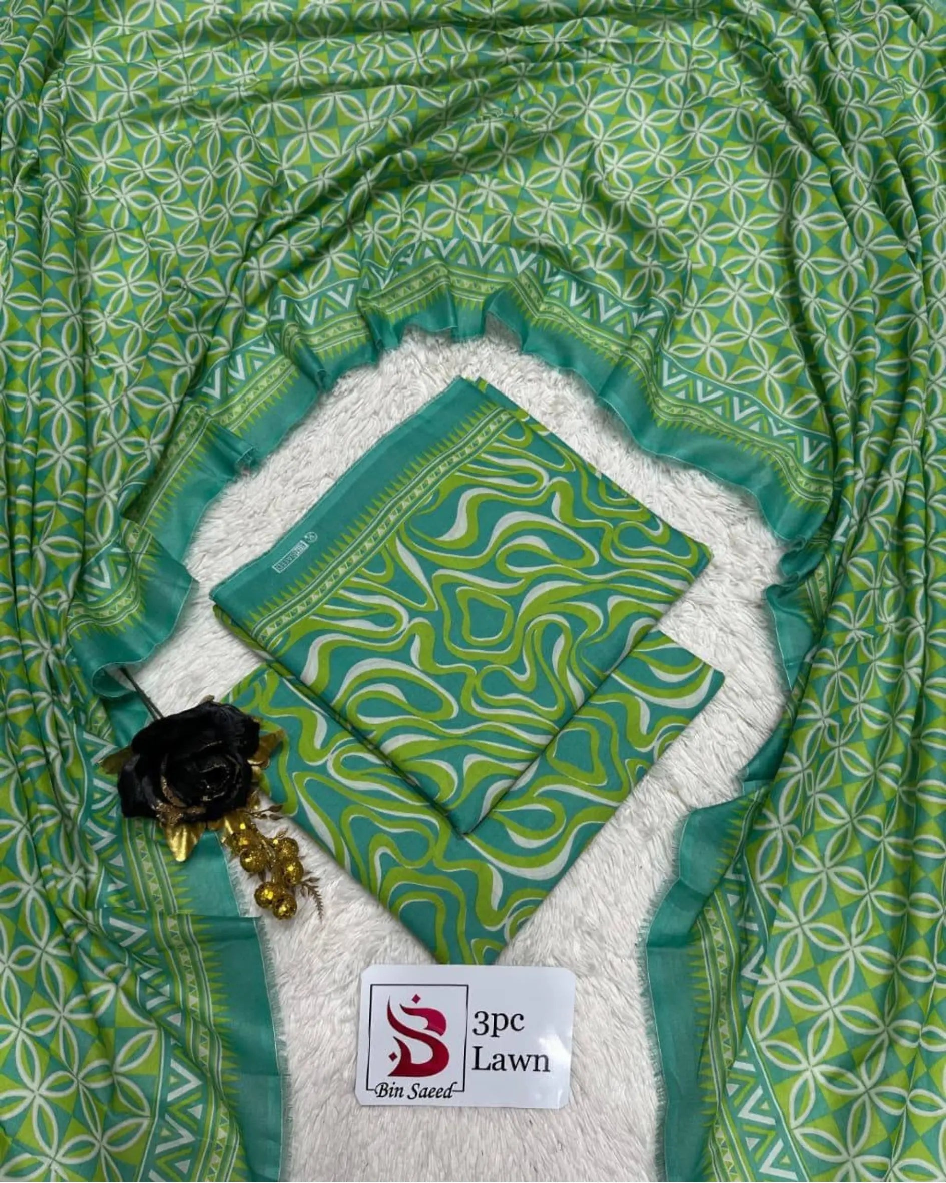 3 Piece Bin Saeed Unstitched Printed Lawn Suit – Green Color