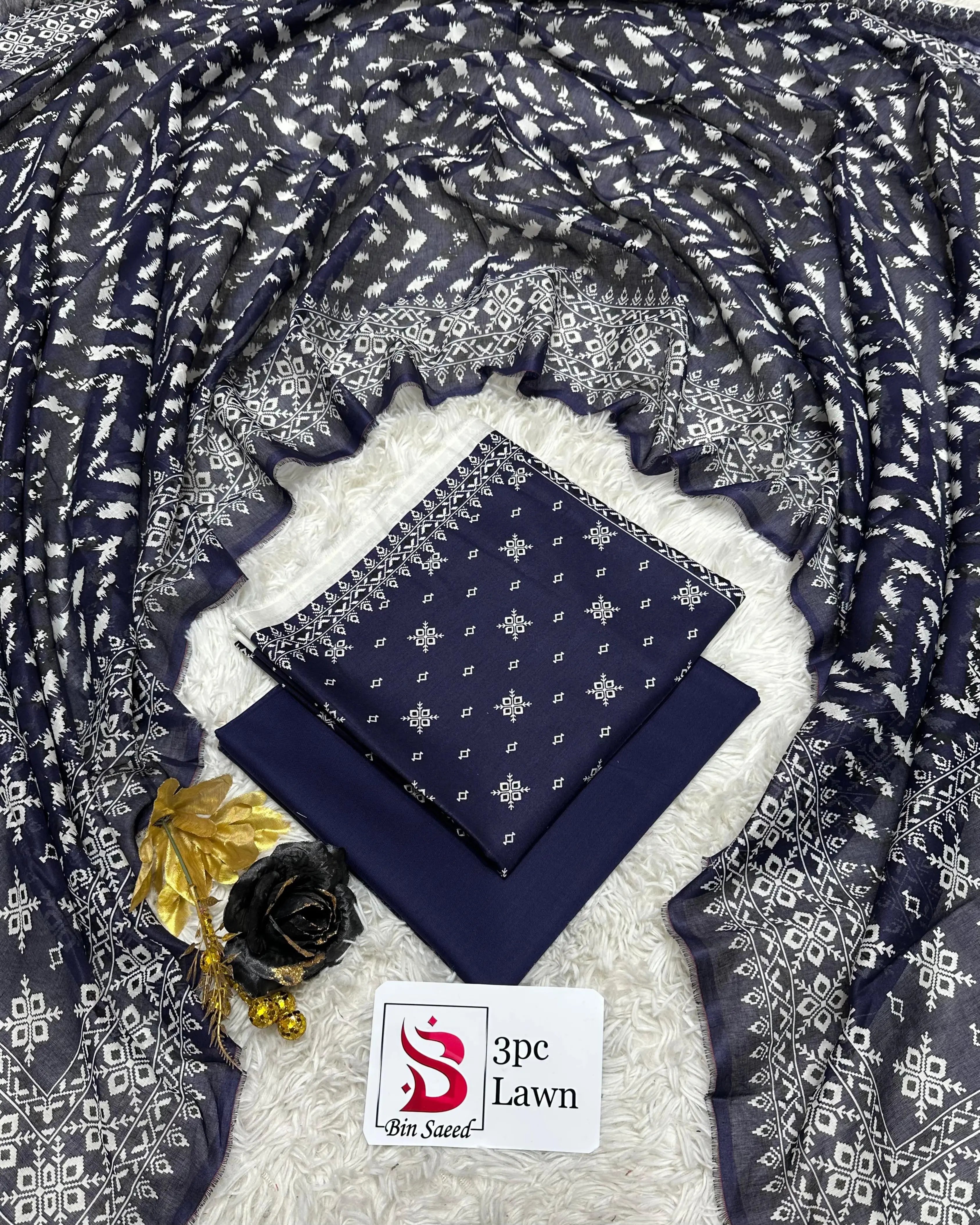 3 Piece Bin Saeed Unstitched Printed Lawn Suit – Blue Color