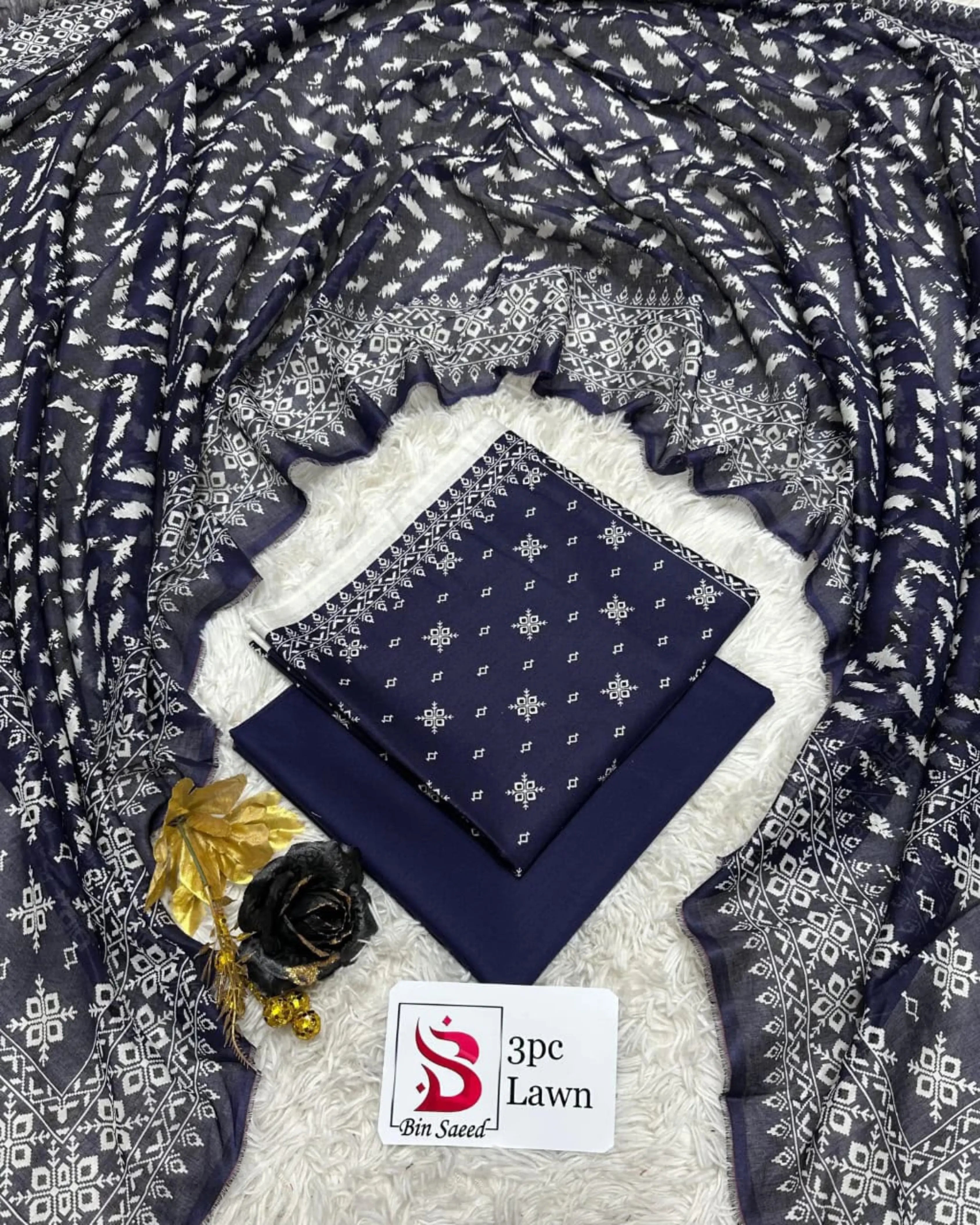 3 Piece Bin Saeed Unstitched Printed Lawn Suit – Blue Color