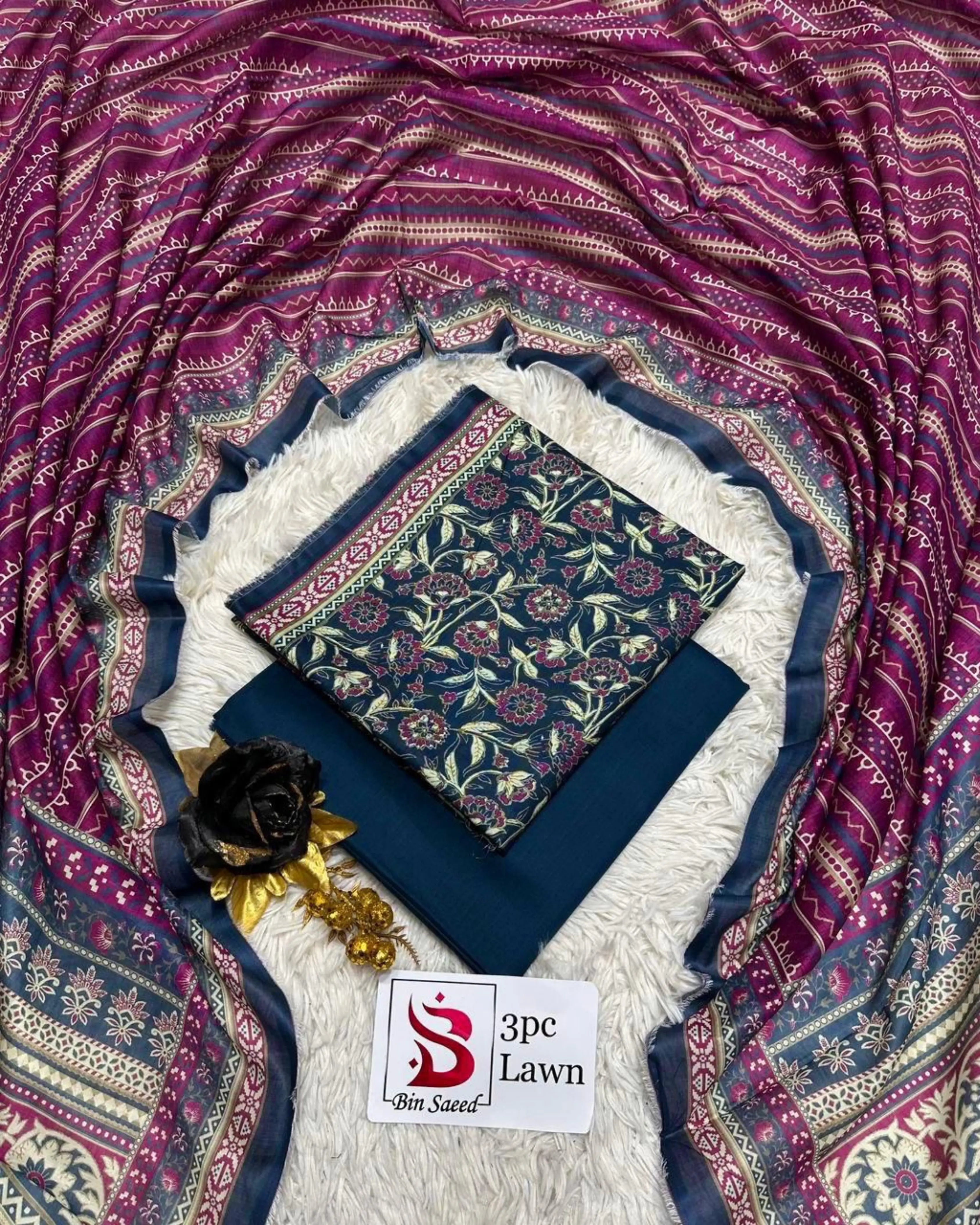 3 Piece Bin Saeed Unstitched Printed Lawn Suit – Navy Blue Color