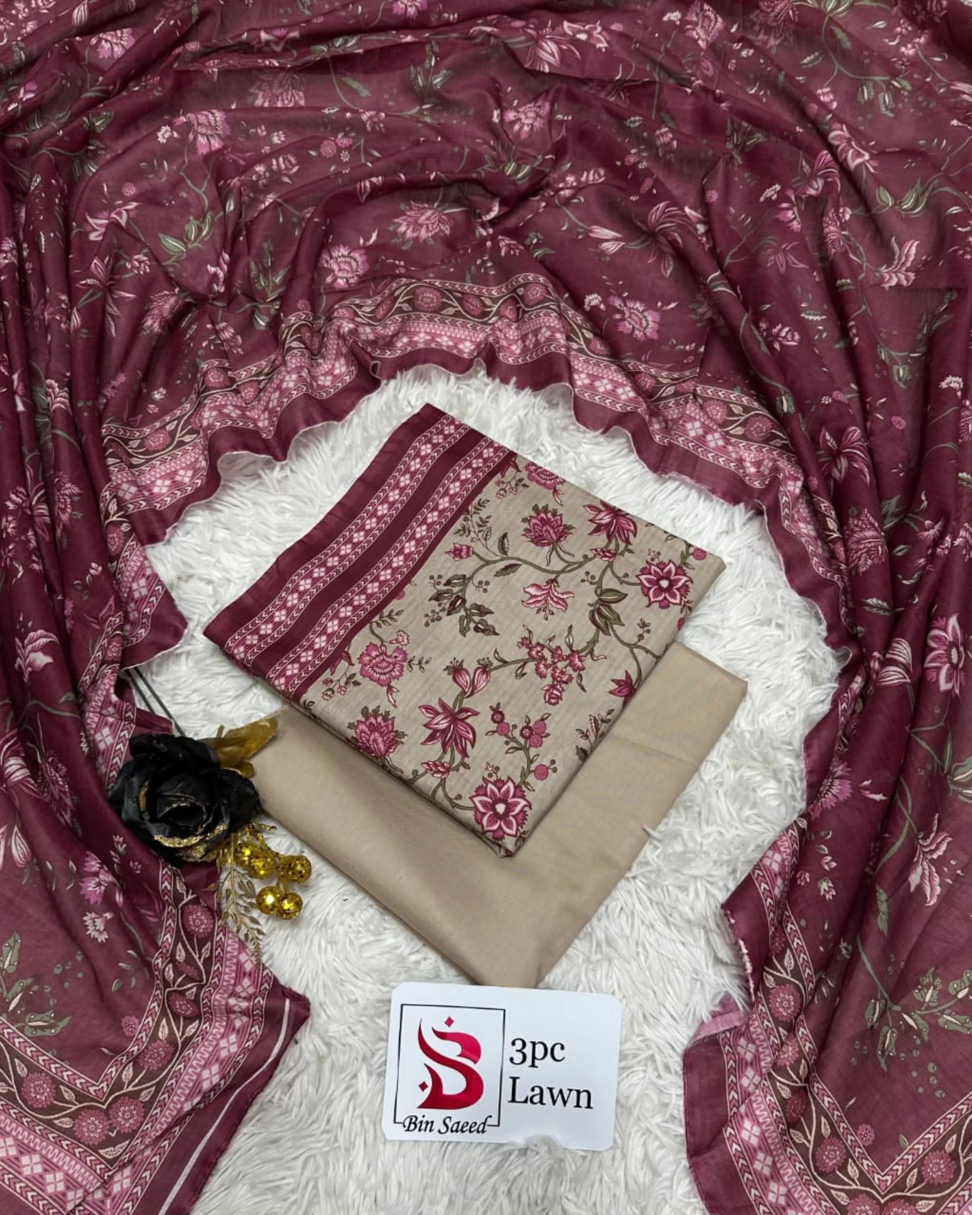 3 Piece Bin Saeed Unstitched Printed Lawn Suit – Skin Color