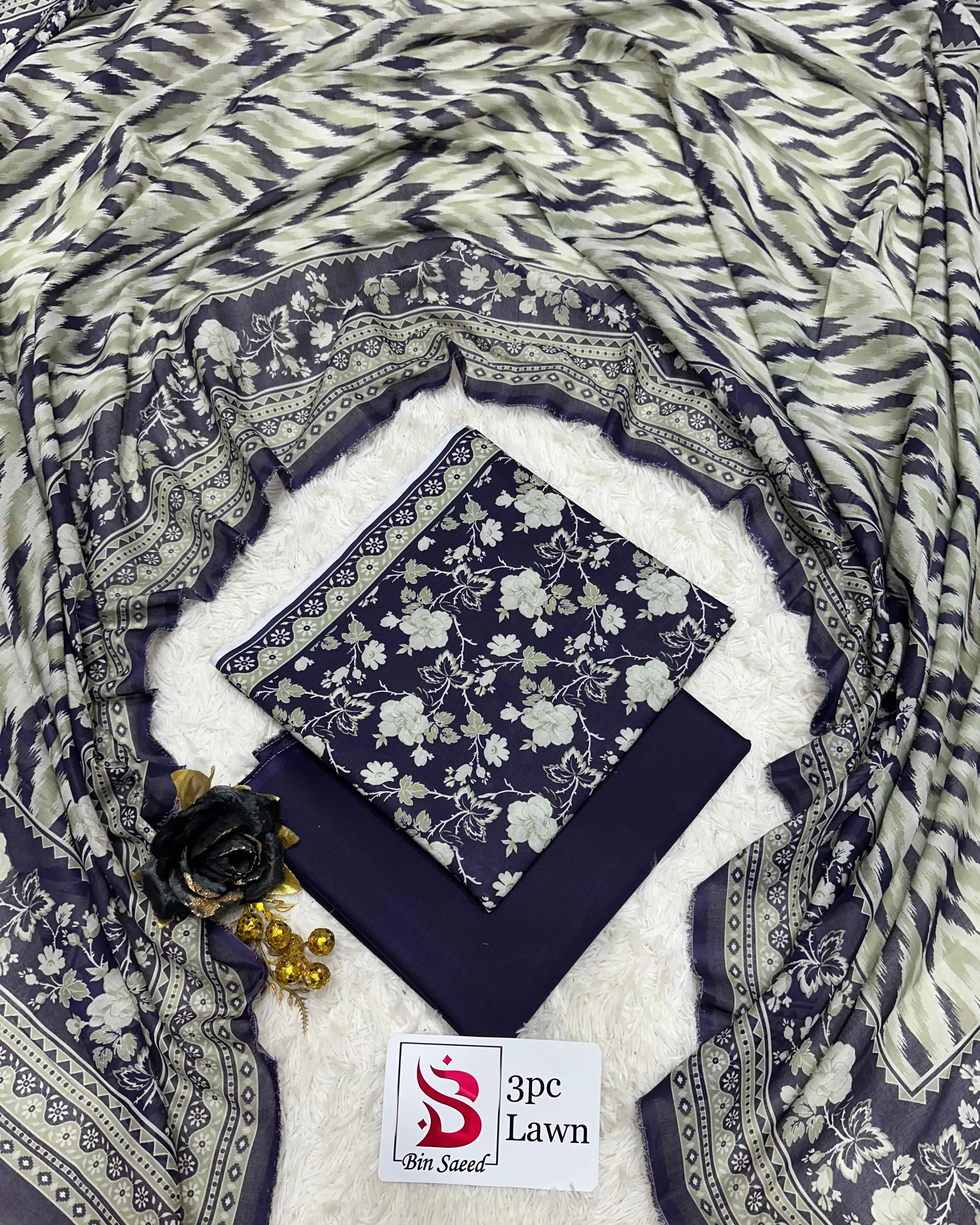 3 Piece Bin Saeed Unstitched Printed Lawn Suit – Purple Color