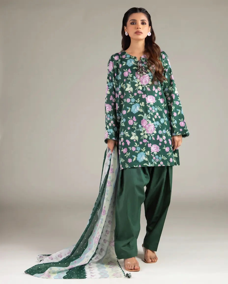 3 Piece khaadi Unstitched Printed Lawn Suit – Green Color
