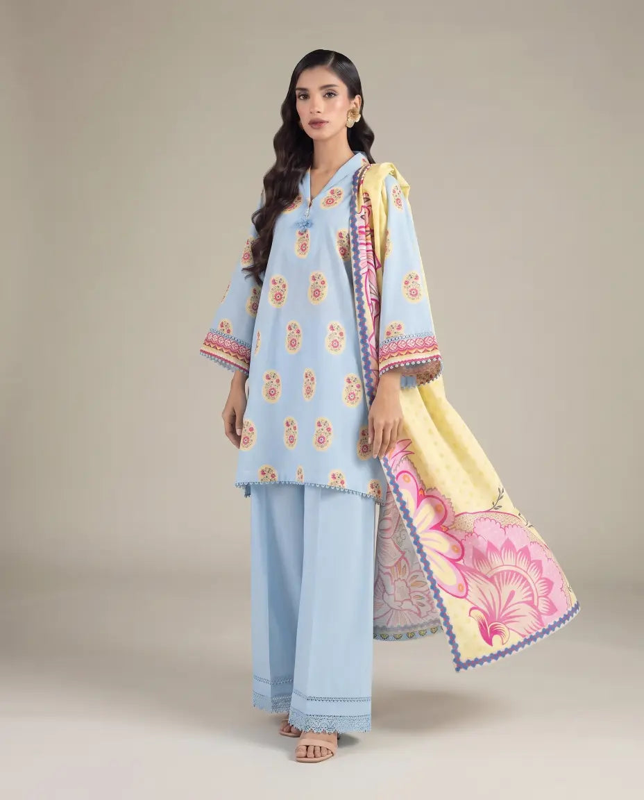 3 Piece khaadi Unstitched Printed Lawn Suit – Sky Blue Color