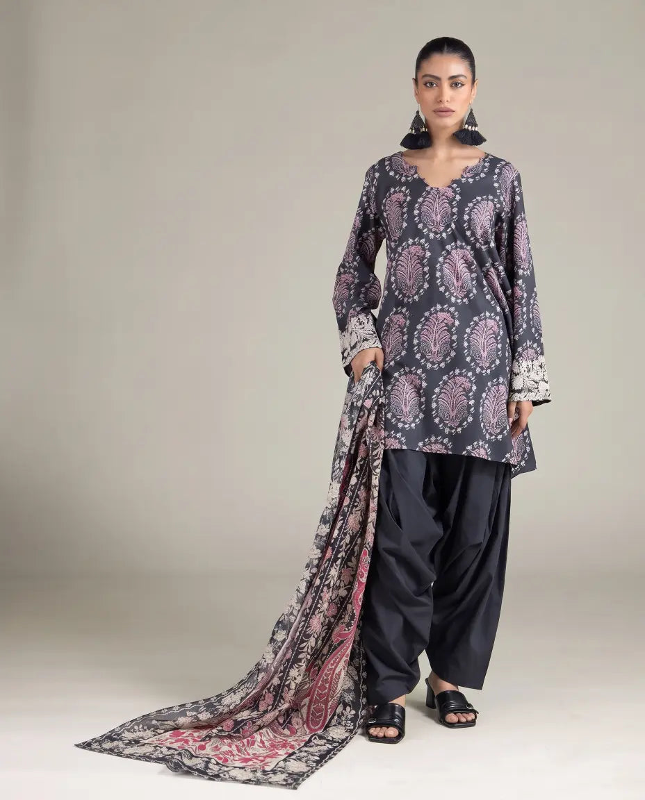 3 Piece khaadi Unstitched Printed Lawn Suit – Grey Black Color