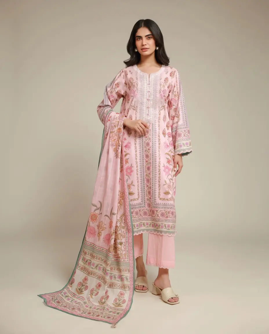 3 Piece khaadi Unstitched Printed Lawn Suit – Baby Pink Color