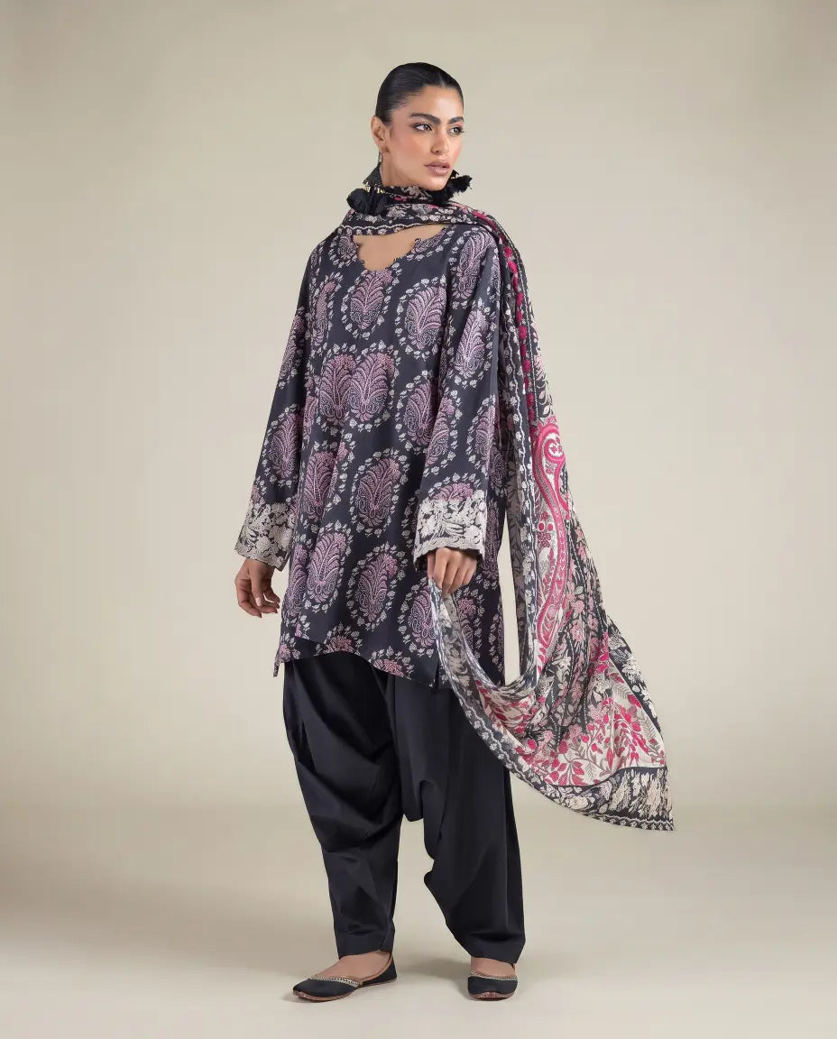 3 Piece khaadi Unstitched Printed Lawn Suit – Grey Black Color