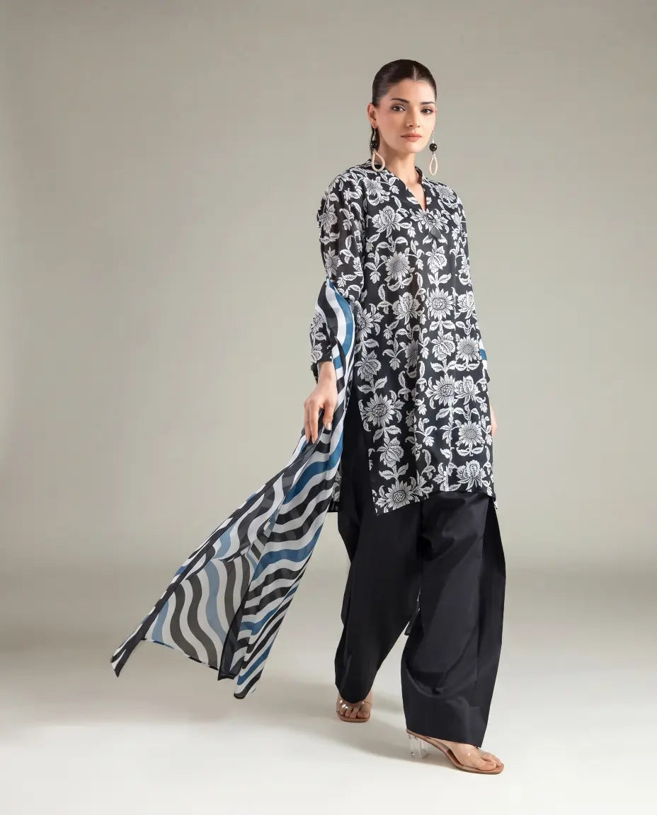 3 Piece khaadi Unstitched Printed Lawn Suit – Black Color