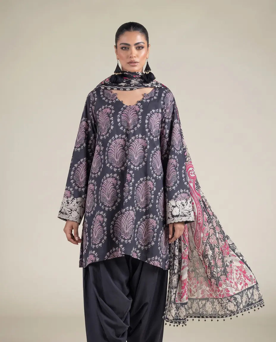 3 Piece khaadi Unstitched Printed Lawn Suit – Grey Black Color