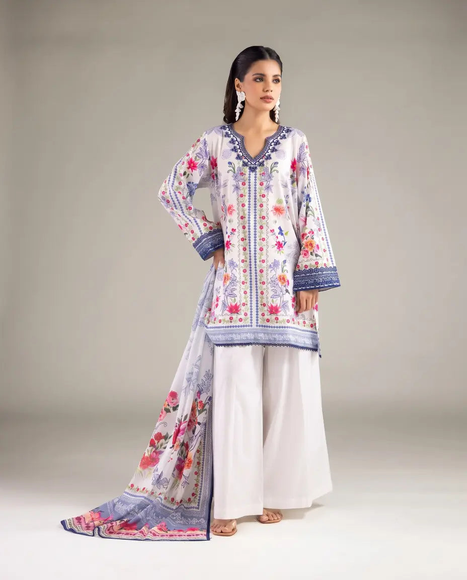 3 Piece khaadi Unstitched Printed Lawn Suit – Off-white Color