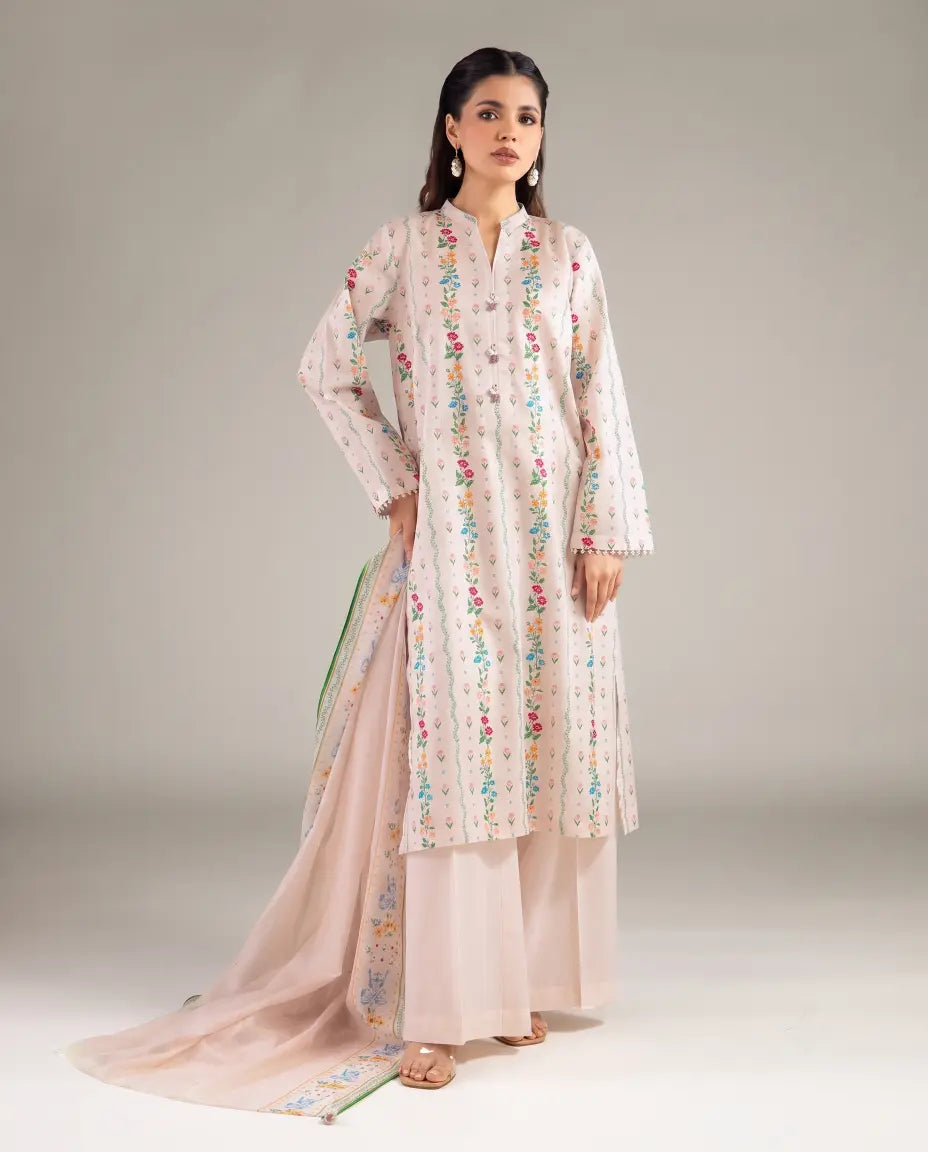 3 Piece khaadi Unstitched Printed Lawn Suit – Cream Color