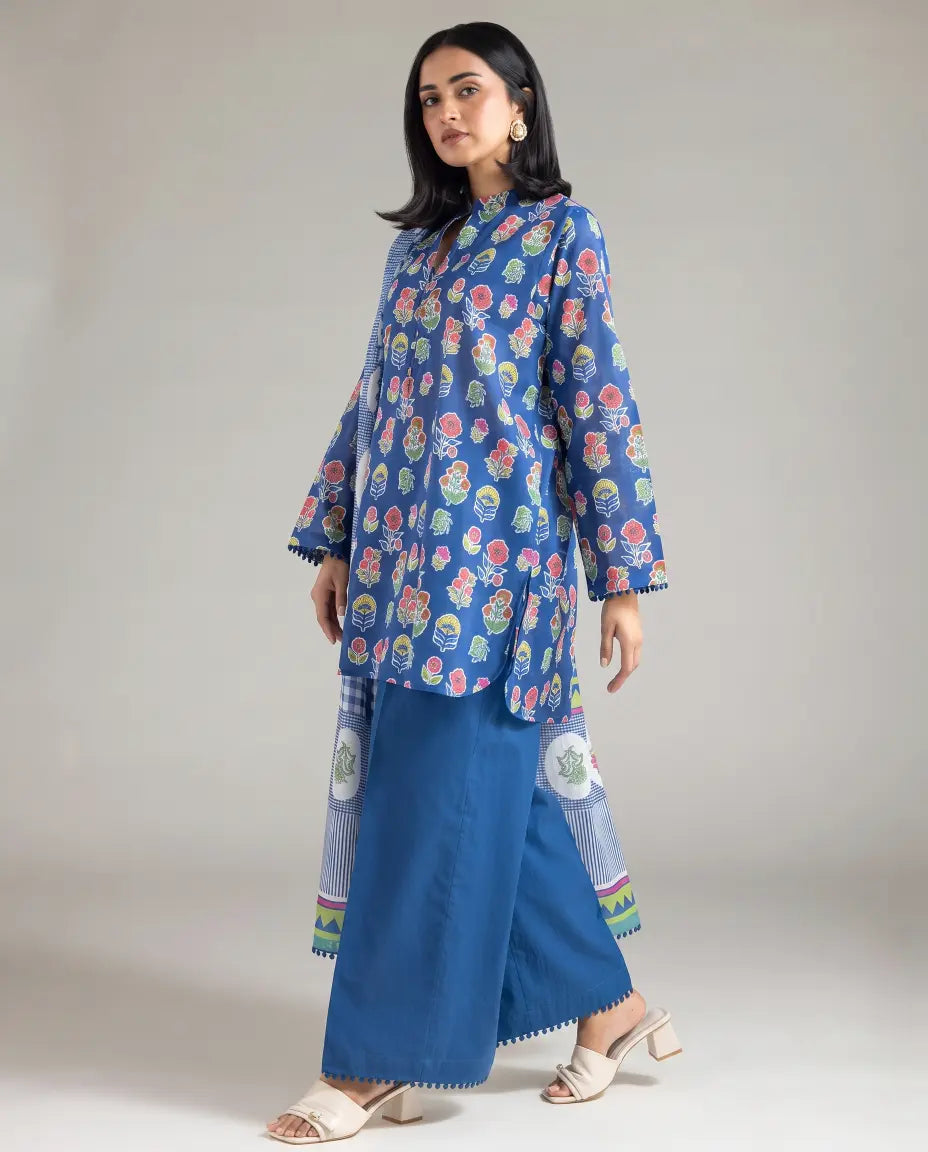 3 Piece khaadi Unstitched Printed Lawn Suit – Royal Blue Color