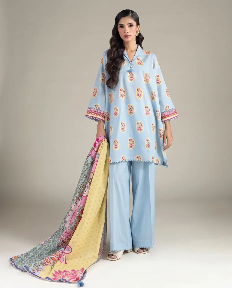 3 Piece khaadi Unstitched Printed Lawn Suit – Sky Blue Color