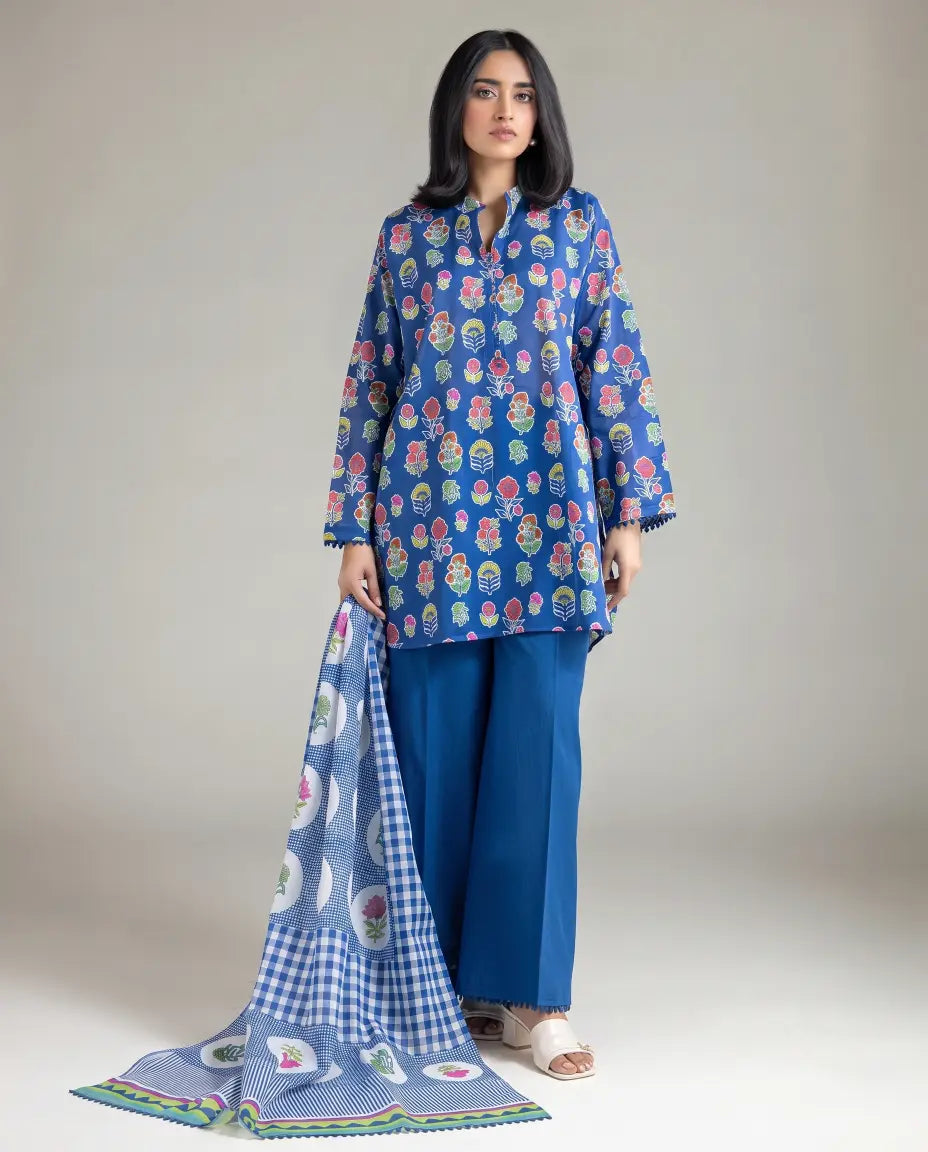 3 Piece khaadi Unstitched Printed Lawn Suit – Royal Blue Color
