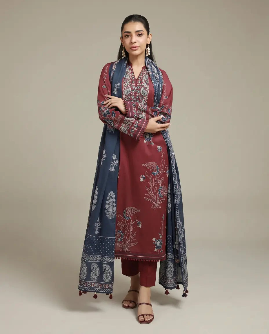 3 Piece khaadi Unstitched Printed Lawn Suit – Maroon Color