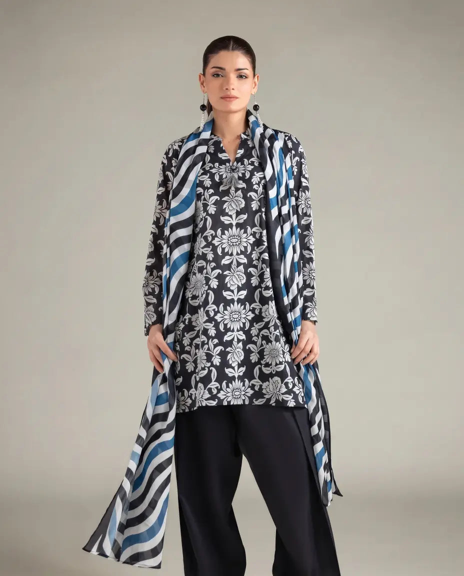 3 Piece khaadi Unstitched Printed Lawn Suit – Black Color