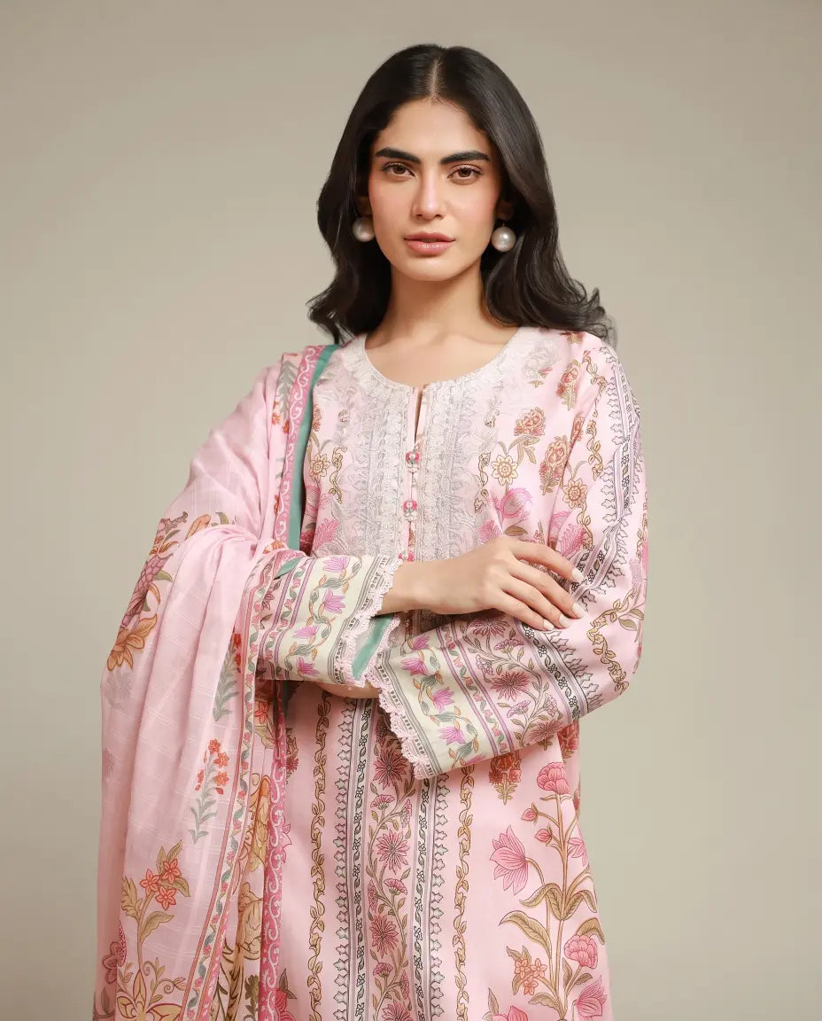 3 Piece khaadi Unstitched Printed Lawn Suit – Baby Pink Color