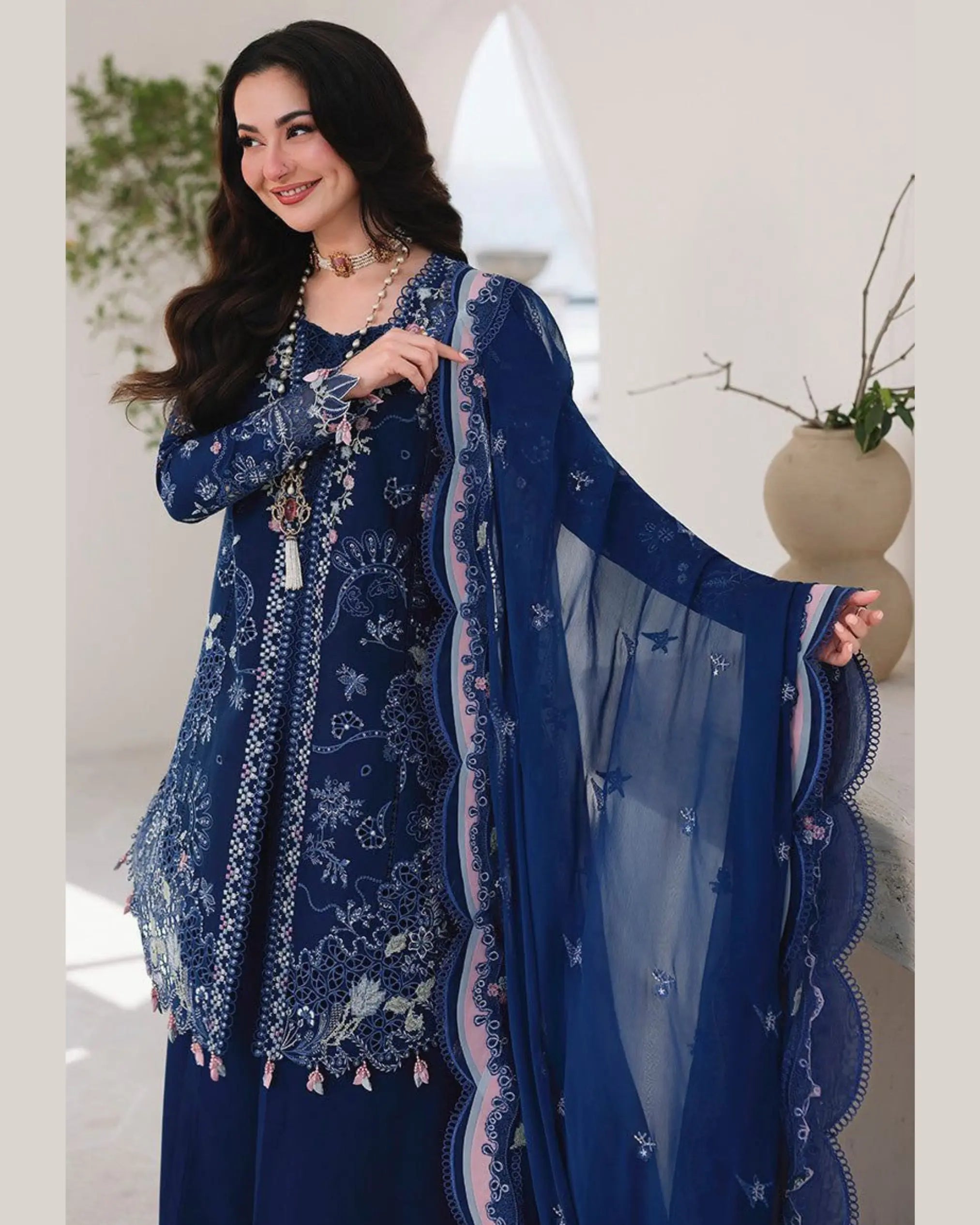 3 Piece Qalamkar Brand Unstitched Luxury Embroidered Lawn Suit – Navy Blue Color