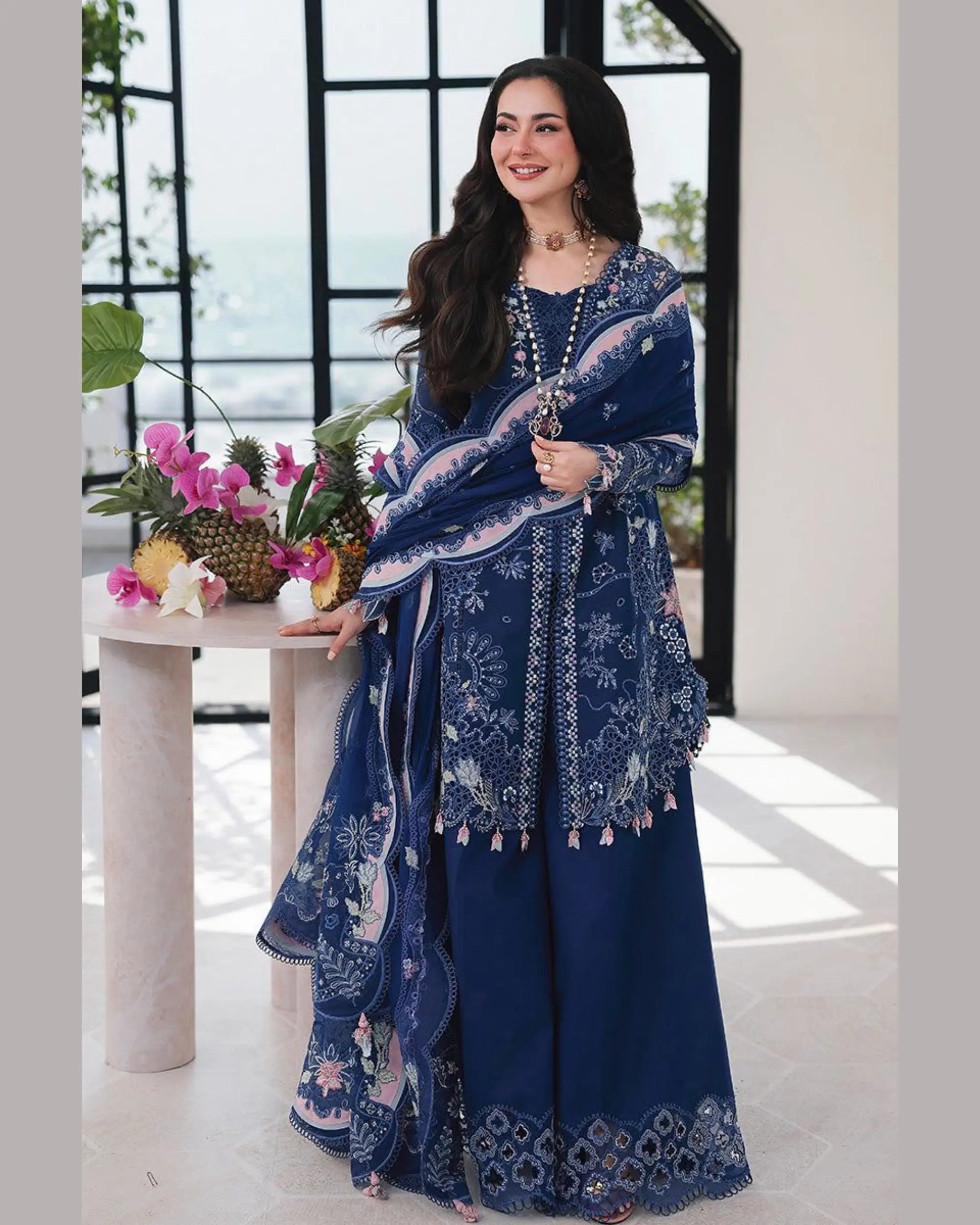 3 Piece Qalamkar Brand Unstitched Luxury Embroidered Lawn Suit – Navy Blue Color