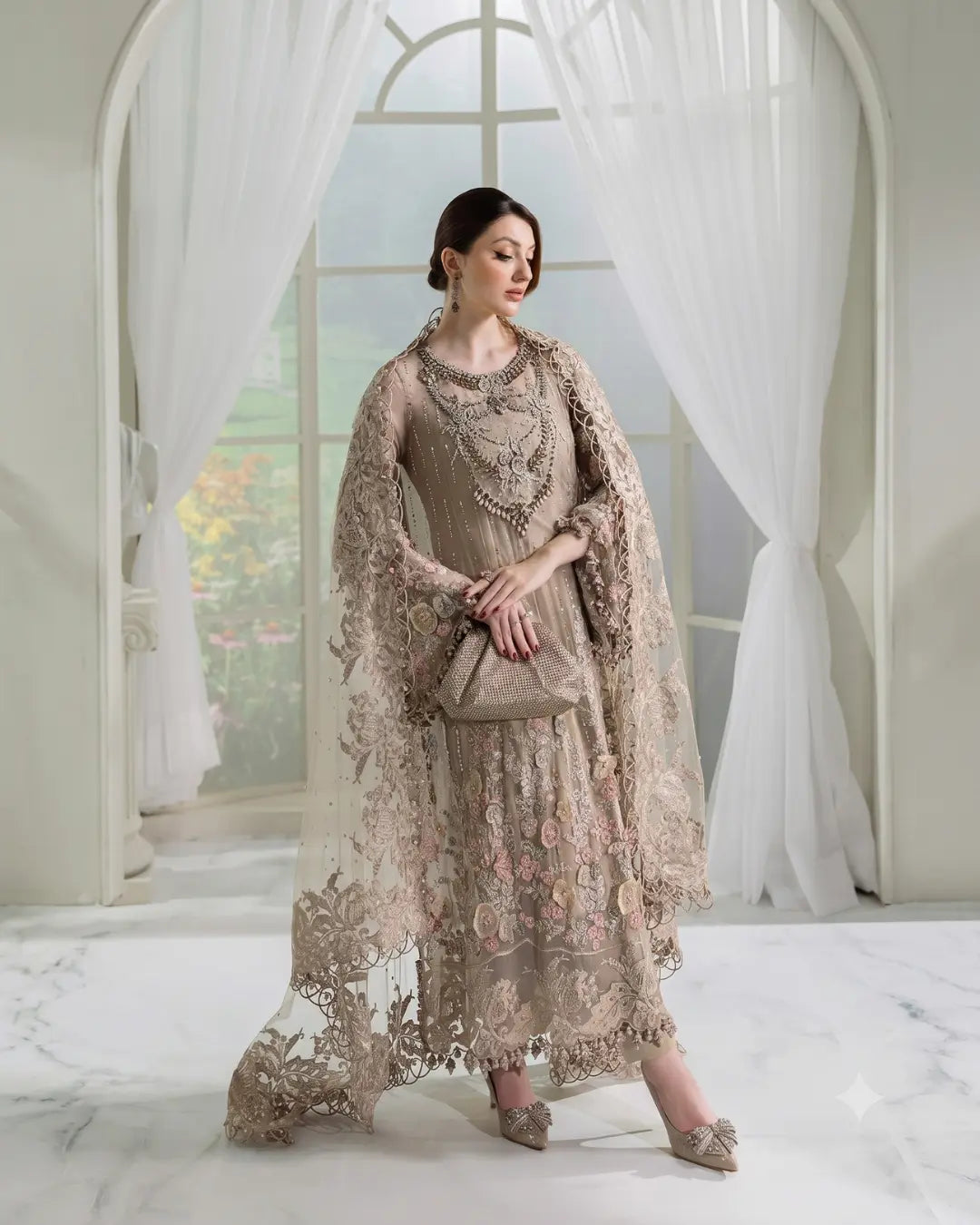 3 Piece Maria.B. Brand Unstitched Luxury Embroidered Lawn Suit – Peach Color