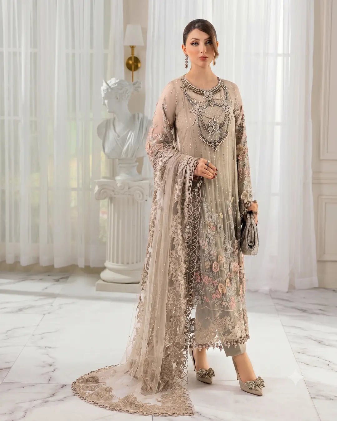 3 Piece Maria.B. Brand Unstitched Luxury Embroidered Lawn Suit – Peach Color