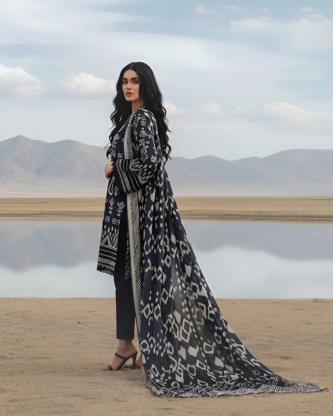 3 Piece Bonanza Satrangi Unstitched Printed Lawn Suit – Black Color