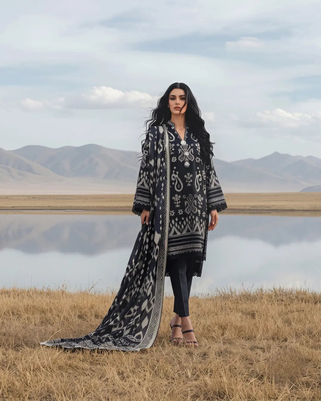 3 Piece Bonanza Satrangi Unstitched Printed Lawn Suit – Black Color