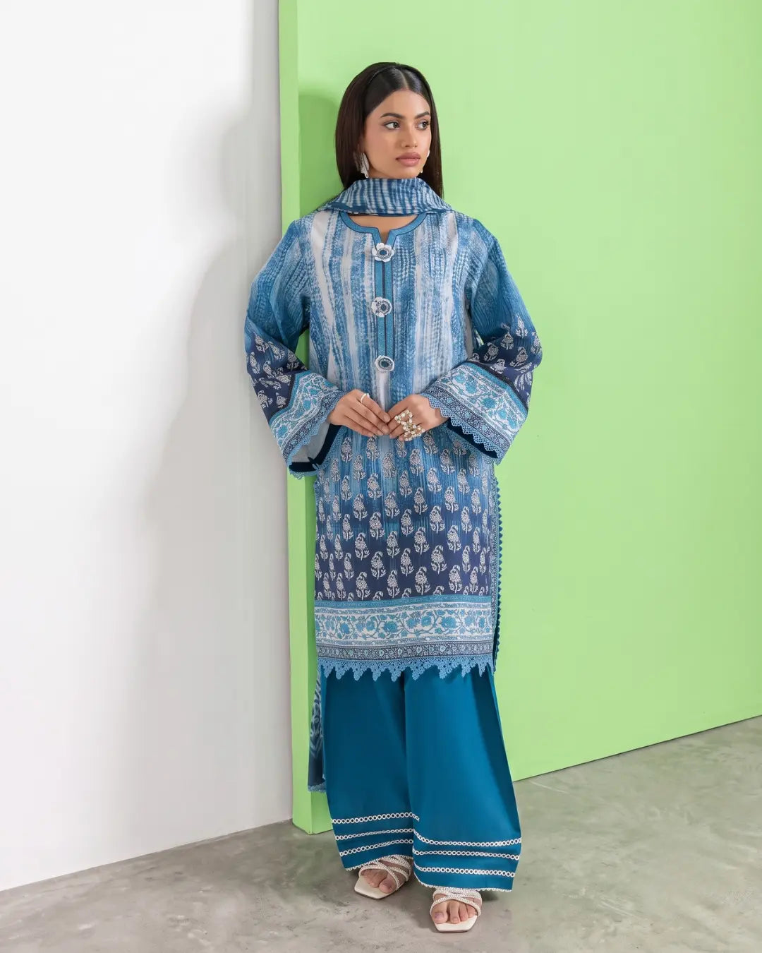 3 Piece Bonanza Satrangi Unstitched Printed Lawn Suit – Ferozi Color